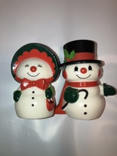 Vintage Snowman Couple Salt & Pepper Shaker Set Christmas Holiday Multicolored picture