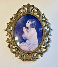 Vintage Oval Framed Picture Convex Bubble Glass Ornate Brass Child in Prayer picture