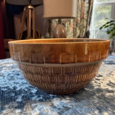 RARE VTG  Mccoy USA 9” Inch Stoneware Mixing Bowl, Basket Weave Pattern Brown picture