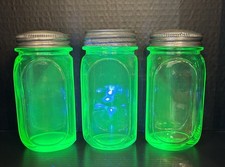 Vtg AH Green Uranium Glass Smooth Side Panel 6” Jars w/Screw-On Lids (set of 3) picture