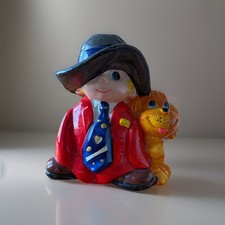 Vintage Ceramic Bank Little Boy in Oversize Adult Hat Tie Coat Shoes w/ Dog picture