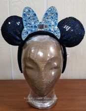Disney Parks Blue Rhinestone Bow Minnie Mouse Sequin Ears Headband Hat *Note picture