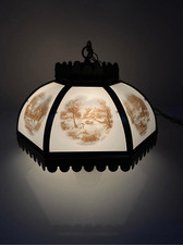 Vtg Currier & Ives Metal Glass Six Panel Farmhouse Electric Hanging Swag Lamp picture