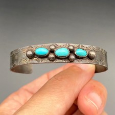 Vintage Alberto Contreras Turquoise Hand Stampwork Silver Bracelet Cuff Small 6