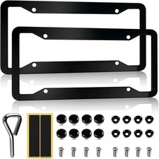 2 Pack Gloss Black License Plate Frames Aluminum Alloy Holder with Screw Caps picture
