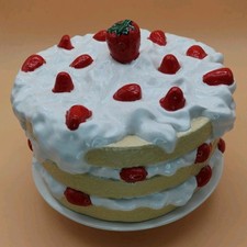 Ceramic Strawberry Layer Cake Cookie Jar Canister w/ Lid Kitchen Decor Vintage picture