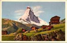Matterhorn Mountain Alpine Chalets Scenic View Switzerland Vintage Postcard picture