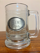 Vintage Heavy Clear Glass Beer Mug 16 oz Silver Small Plate Engraved “Jim 40” picture