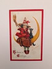 Halloween Postcard Frances Brundage Witch Moon Black Cat Series 120 Antique 1912 picture