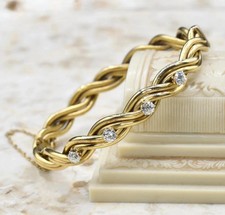 Antique European Cut Diamond Hinged Bangle Bracelet 14k Yellow Gold Plated 7.5'' picture