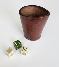 Vintage Brown Leather Stitched Bar Dice Cup Mid Century With 3 Dice picture