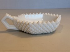 Vintage Westmoreland English Hobnail Milk Glass Handled Dish, Hexagon Shaped. picture
