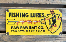 VINTAGE PAW PAW BAIT CO. FISHING LURES OIL PUMP STATION GASOLINE PORCELAIN SIGN picture
