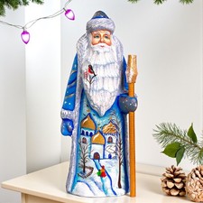 Russian Santa Figurine - Hand Painted Wood, Signed, Winter Church, 7.5