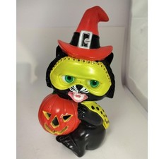 Vintage Ceramic Halloween Black Cat Figurine Trick r Treat Dolls Eyes Bedazzled picture