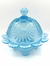 Mosser Glass Light Blue Shell Pattern Dome Butter Dish, Made Cambridge, Ohio picture