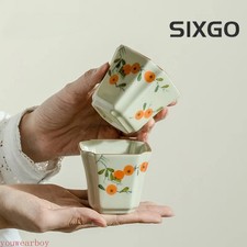 Hand Painted Persimmon Ceramic Teacup Aesthetic Cups Grass Ash Square Cup picture