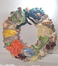 Vintage Ceramic Mermaid Coastal Wall Wreath Nautical Sea Life Coral Fish 3D picture