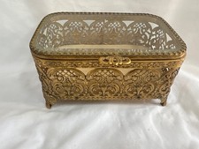 Globe 24kt Gold Plated Jewelry Trinket Box Ornate Filigree Gilt Glamour Vanity picture