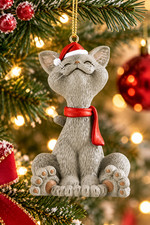 Whimsical Grey Cat Christmas Ornament Figurine Holiday Collectible Statue Gift picture