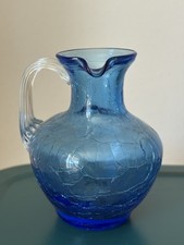 Vintage Mid Century Blue Crackle Glass Miniature Pitcher Creamer Rough Pontil picture