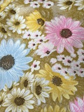 VTG RETRO 60’s HIPPIE FLOWER POWER YELLOW PINK BLUE DAISY COTTON FABRIC 37x4YDS picture