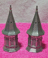 Silver Metal Church Steeple Tower Salt & Pepper Shaker Set w/ Lids 4 in picture