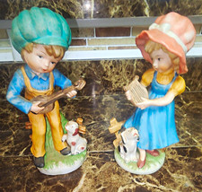 Vintage Boy Girl Musician Ceramic Figurines w Dogs 8.5” Matching Pair picture