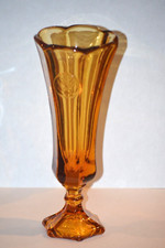 VINTAGE FOSTORIA COIN GLASS AMBER FOOTED VASE - LIBERTY BELL, EAGLE picture