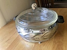 VTG Rare McKee Glass Glasbake Casserole Dish & Metal Chrome Stand Art Deco MINT picture