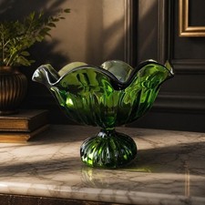 Compote Vintage Green Glass Pedestal Dish Ribbed Design, Footed Centerpiece picture