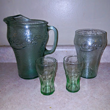 Vintage Green Coca Cola Pebbled Glass Pitcher 64oz  3 Matching Tumbler Glass Set picture