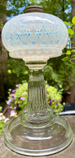 Antique 1880s Hobbs Opalescent Windows Coin Dot Kerosene Oil Lamp Leaf and Jewel picture