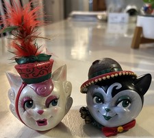 VTG Jac Pair Of Cat Japan Kitsch Ornaments Anthropomorphic Mod Eyed Mid Century picture