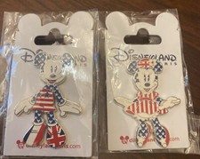 VERY RARE 2 PINS DISNEY DISNEYLAND PARIS MICKEY MINNIE STARS & STRIPES USA UK FR picture