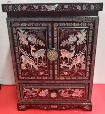 Vintage Asian Oriental Dark Brown Mother of Pearl Jewelry Box Chest Cabinet picture