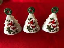 3 LEFTON 1984 China Bells with Red Cardinals Holly Wreath Topper picture