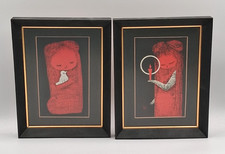 Pair Kaoru Kawano Woodblock Prints Girl with Bird & Candle Japanese Art Framed picture