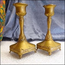 Antique Art Nouveau French Candlesticks Gold Metal Pair picture