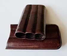 VINTAGE AUTHENTIC GENUINE LEATHER CIGAR CASE 3 FINGER HOLDER POCKET POUCH BROWN picture