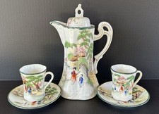 Antique Nippon Chocolate Pot Set Hand Painted Geisha Girls & Landscape Scene picture