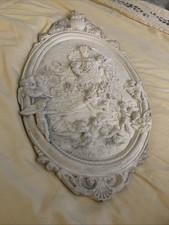 Antique XL Ceramic chalk wall plaque panel cherub angels nymph relief rare picture