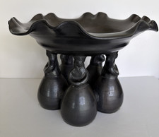 Vintage Oaxaca Black Clay Pottery Bowl LAMA Mexico 5 Ladies Barro Negro Folk Art picture