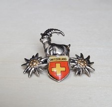 Switzerland Swiss Emblem And Mountain Goat Silver Tone Souvenir Pin Vintage picture