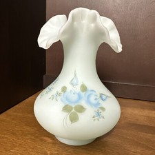 Vintage Fenton Blue Satin Glass Hand Painted Signed Floral Vase  Ruffled Rim 7” picture