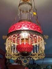 Rare Fenton Moon & Stars Red Cranberry Glass Ceiling Hurricane Lamp Prisms Brass picture