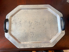 vintage 1950s octagonal aluminum serving tray featuring embossed floral pattern picture