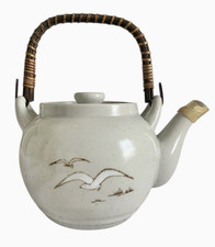 Vintage Otagiri Teapot Seagulls Spotted Beige Handcrafted Rattan Handle, EUC picture