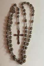 Vtg Sterling Silver Crucifix Clear Crystal Filigree Cage Rosary Beads Italy 28”L picture