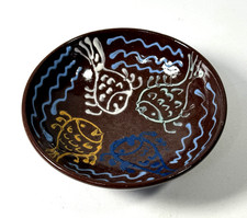 RARE VINTAGE 1988 MCM HARDING BLACK GLAZED TEXAS SIGNED STUDIO FISH POTTERY BOWL picture